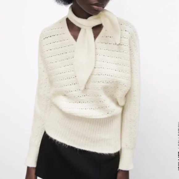 NEW ZARA BOW COLLAR KNIT SWEATER ECRU WHITE 6771/003 SMALL - Picture 2 of 6